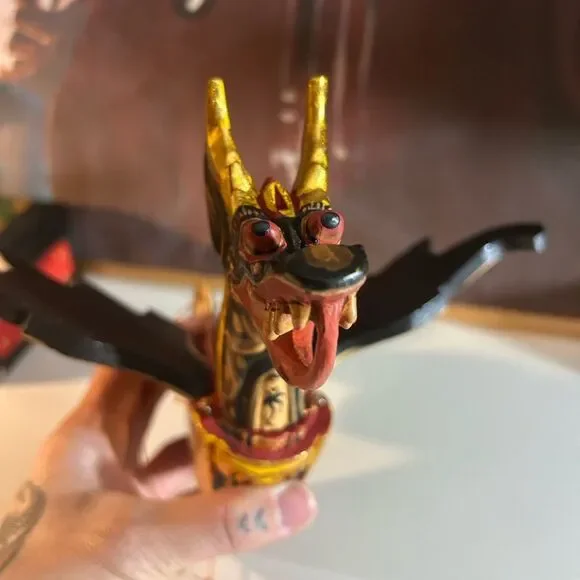 Vtg 90s 11.5" Dragon Naga Flying Hanging Green/Gold Handmade Wooden Bali Folkart - Picture 14 of 15